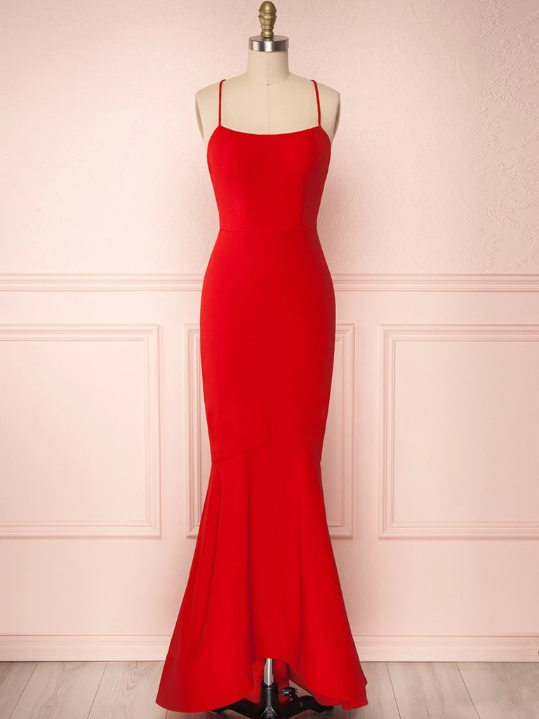 Spaghetti Straps Red Mermaid Prom Dresses, Backless Red Mermaid Formal Graduation Evening Dresses