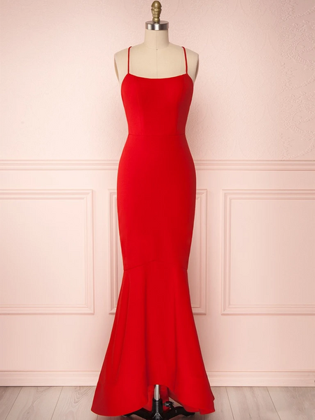 Spaghetti Straps Red Mermaid Prom Dresses, Backless Red Mermaid Formal Graduation Evening Dresses