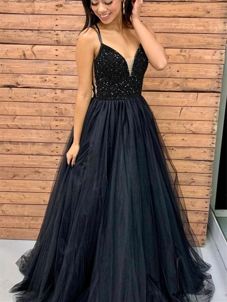 A-line Beaded Gorgeous Black Sequin Sparkly Long Fashion Prom Dresses, –  SposaBridal