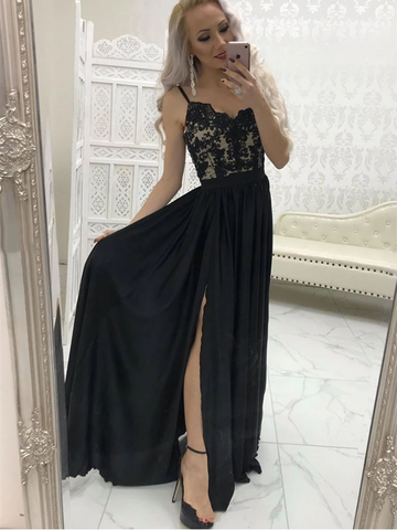 V Neck Black Lace Long Prom Dresses, V Neck Black Lace Long Evening Dresses