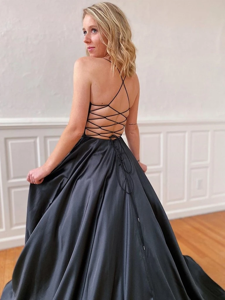 A Line V Neck Black Backless Satin Prom Dresses, Open Back V Neck Blac morievent A Line V Neck Black Backless Satin Prom Dresses, Open Back V Neck Blac morievent