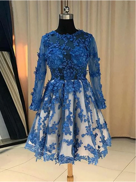 Long Sleeves  Blue Lace Short Prom Dresses, Short Blue Lace Formal Homecoming Graduation Dresses