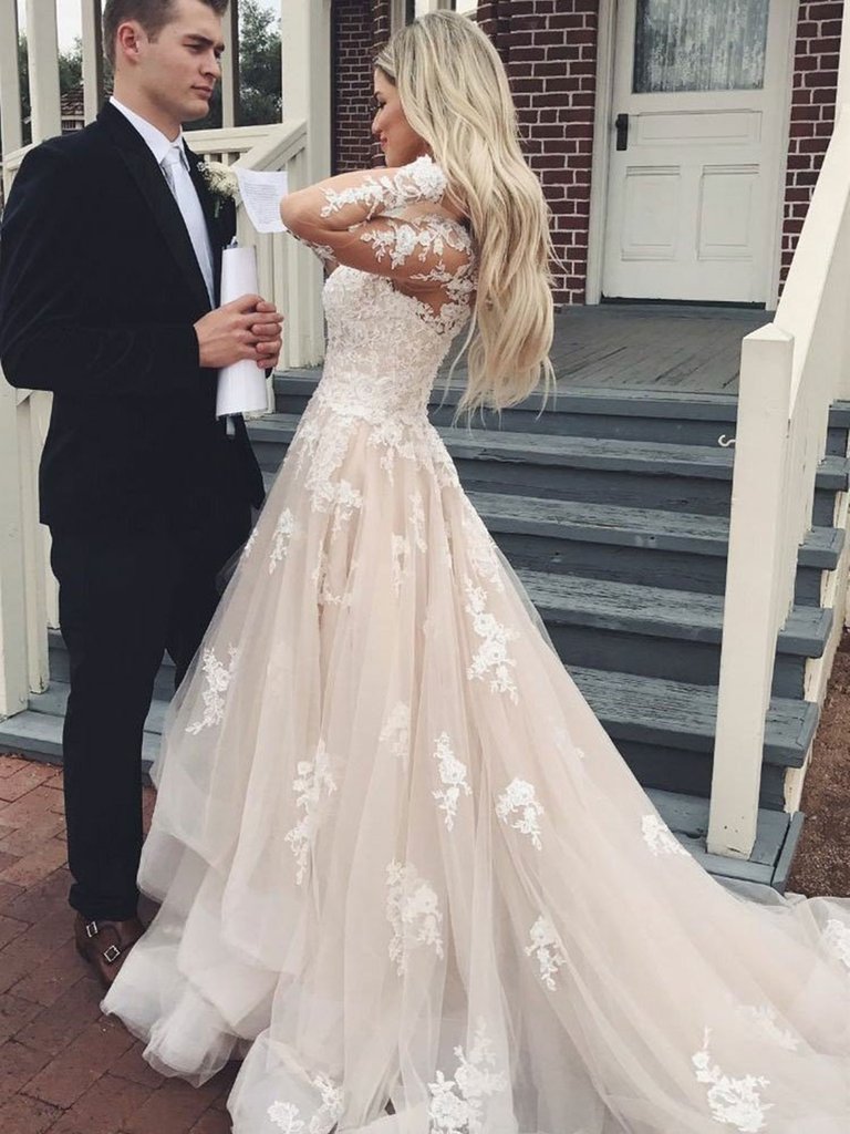 A Line Champagne Long Sleeves Lace Wedding Dresses, Champagne Lace Pro morievent A Line Champagne Long Sleeves Lace Wedding Dresses, Champagne Lace Pro morievent