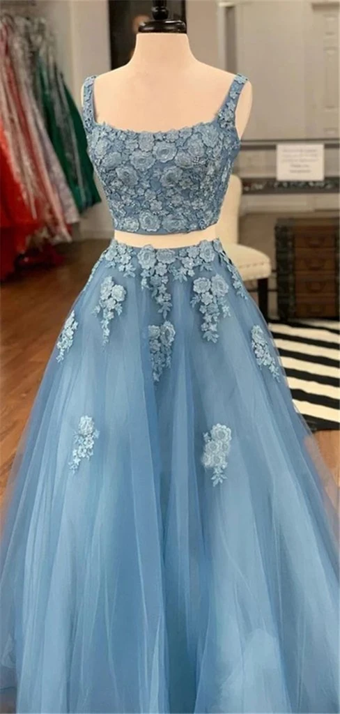 Two Piece Blue Lace Long Prom Dresses 2 Piece Blue Lace Formal Evening Dresses