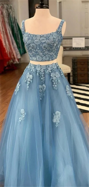 Two Piece Blue Lace Long Prom Dresses, 2 Piece Blue Lace Formal Evening Dresses