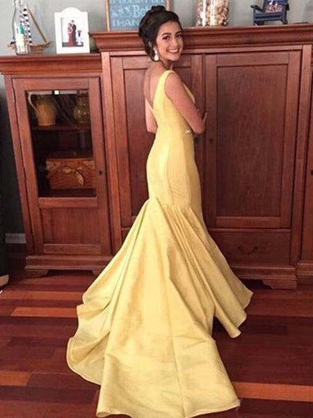 V Neck Yellow Satin Mermaid Prom Dress With Sweep Train, V Neck Yellow Mermaid Formal Evening Dress