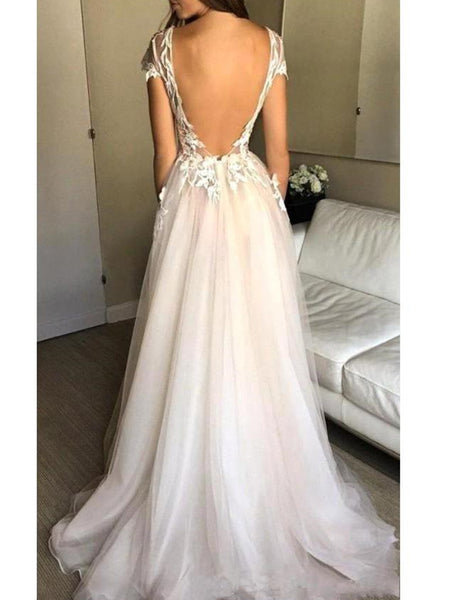 Custom Made Deep V Neck Cap Sleeves White Lace Long Prom Dresses, Open Back Lace Front Slit Wedding Party Dresses