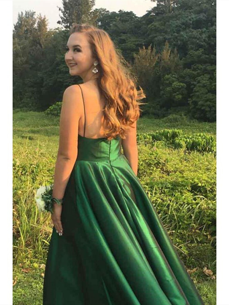 V Neck A Line Spaghetti Straps Satin Long Prom Dress with Pockets, Emerald  Green Satin Long Formal Evening Dresses