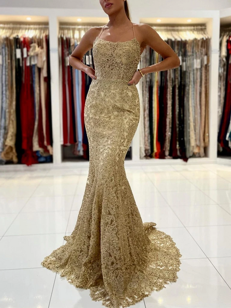 Gold Mermaid Lace Backless Prom Dresses, Open Back Golden Mermaid Lace Formal Evening Dresses