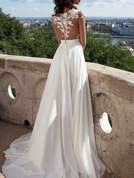 Custom Made Round Neck White Lace Appliques Chiffon Prom Evening Party Dress With Side Slit