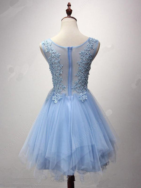 Cute blue lace tulle short homecoming dresses