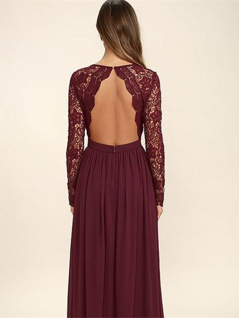 Dark Burgundy Lace Long Sleeves V Neck Bridesmaid Dress, Burgundy Lace morievent Dark Burgundy Lace Long Sleeves V Neck Bridesmaid Dress, Burgundy Lace morievent