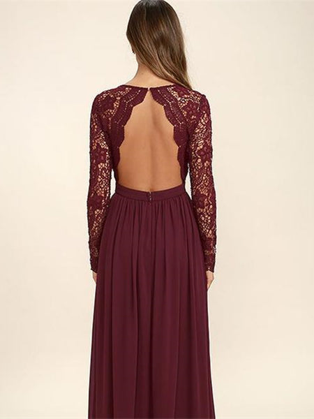 Dark Burgundy Lace Long Sleeves V Neck Bridesmaid Dress, Burgundy Lace  Long Prom Dress, Backless Evening Dress 