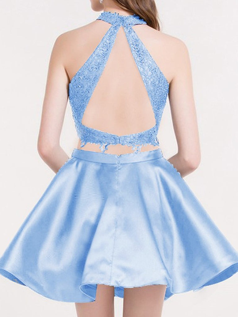 Blue Short/Mini A-Line Halter Neck Sleeveless Lace Satin Prom Dresses, morievent Blue Short/Mini A-Line Halter Neck Sleeveless Lace Satin Prom Dresses, morievent