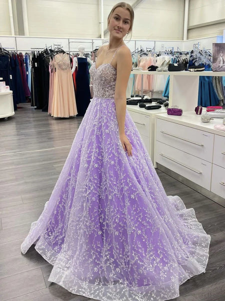 Sweetheart Neck Open Back Purple Lace Long Prom Dresses, Purple Lace Formal  Evening Dresses