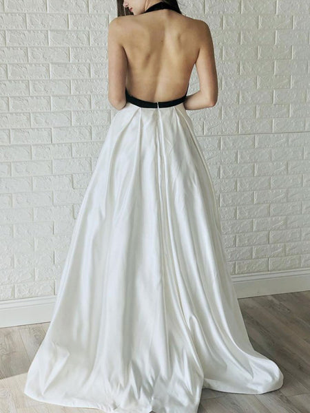 Simple White and Black Satin Backless Long Prom Dress With Deep V Neck, White Backless Formal Evening Dress