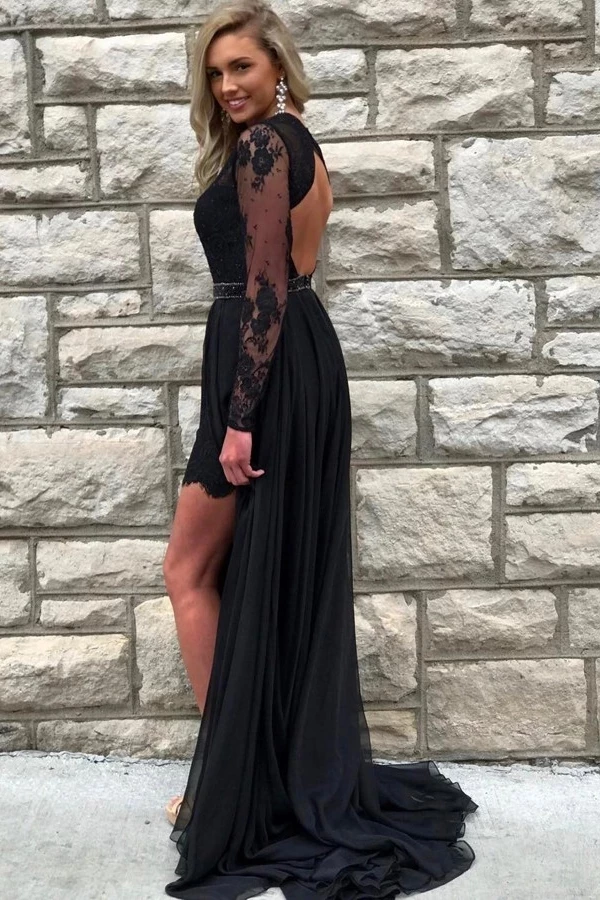 Round Neck Long Sleeves Open Back Lace Black Prom Dresses with Slit, L morievent Round Neck Long Sleeves Open Back Lace Black Prom Dresses with Slit, L morievent