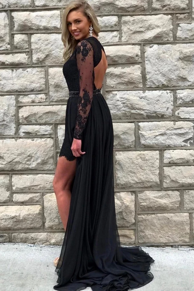 Round Neck Long Sleeves Open Back Lace Black Prom Dresses with Slit, Long Sleeves Black Lace Formal Evening Dresses