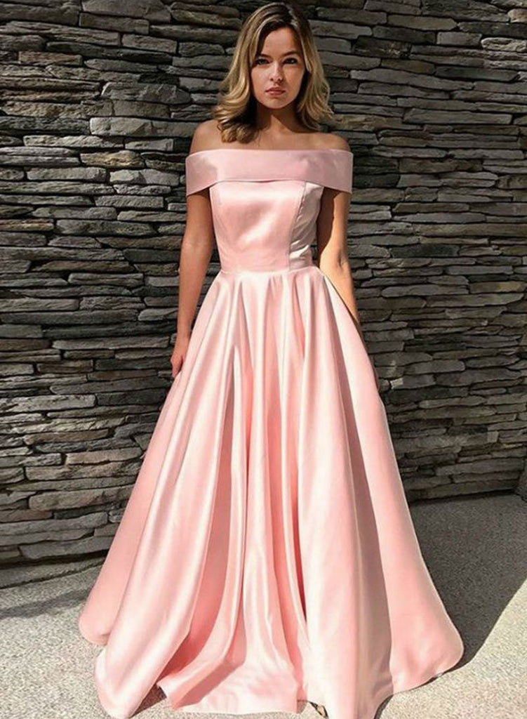 Pink Off Shoulder Satin Long Prom Dress , Off the Shoulder Pink Satin Long Formal Graduation Evening Dresses