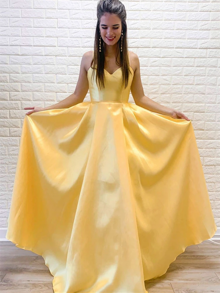 A Line V Neck Yellow Satin Long Prom Dresses, A Line V Neck Yellow Sat morievent A Line V Neck Yellow Satin Long Prom Dresses, A Line V Neck Yellow Sat morievent