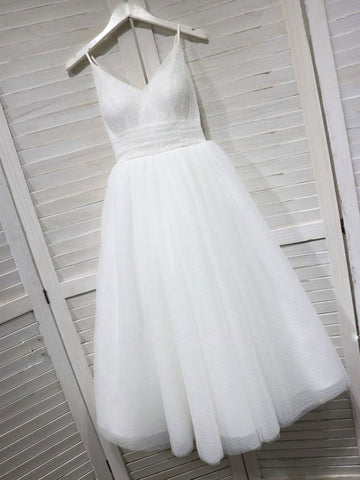 V Neck White Tulle Lace Short Prom Dress, White Tulle Lace Short Formal Evening Graduation Dress