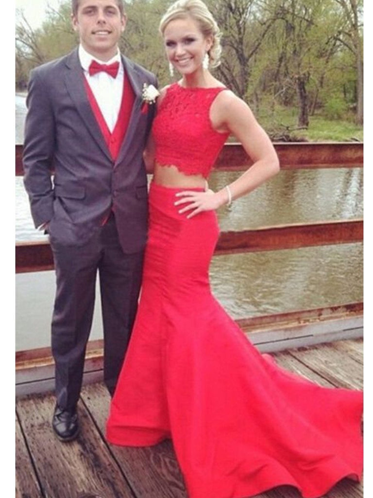 Elegant Two Pieces Mermaid Lace Red Prom Dress with Sweep Train, 2 Pie morievent Elegant Two Pieces Mermaid Lace Red Prom Dress with Sweep Train, 2 Pie morievent