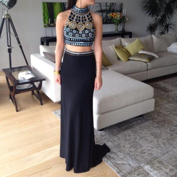 Custom Made High Neck Black Two Pieces Long Prom Dresses, 2 Pieces Formal Dresses