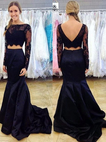 Two Pieces Black Long Sleeves Mermaid Lace Prom Dresses, Two Pieces Lace Mermaid Formal Evening Dresses