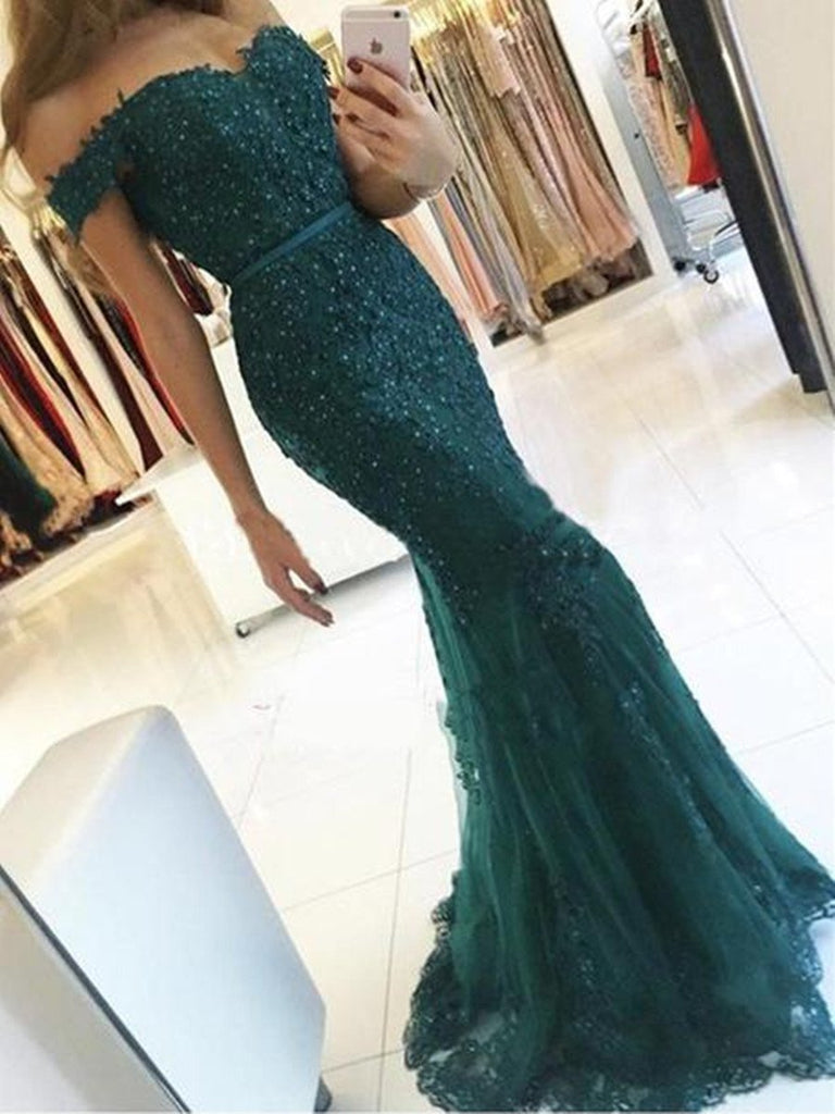 Emerald Green Off Shoulder Lace Prom Dress, Emerald Green Green Formal Dress, Lace Bridesmaid Dress