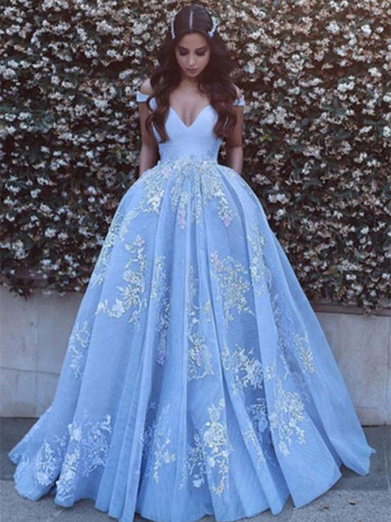 Off Shoulder Light Blue Prom Dress with Lace Applique, Prom Gown, Ligh morievent Off Shoulder Light Blue Prom Dress with Lace Applique, Prom Gown, Ligh morievent