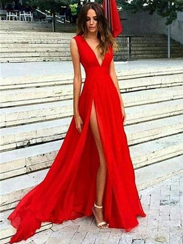 Red A Line V Neck Long Prom Dress, Red V Neck Formal Dresses, Graduation Dress, Bridesmaid Dress