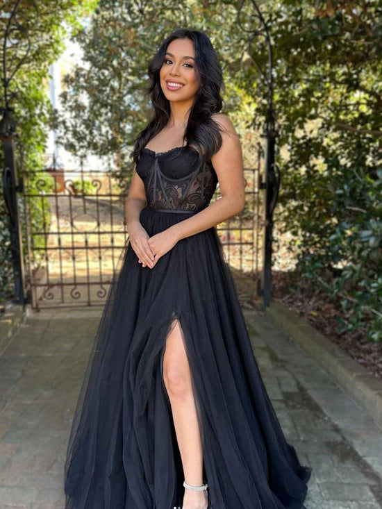 A Line Sweetheart Neck Red/Black Lace Tulle Long Prom Dress, Red/Black morievent A Line Sweetheart Neck Red/Black Lace Tulle Long Prom Dress, Red/Black morievent