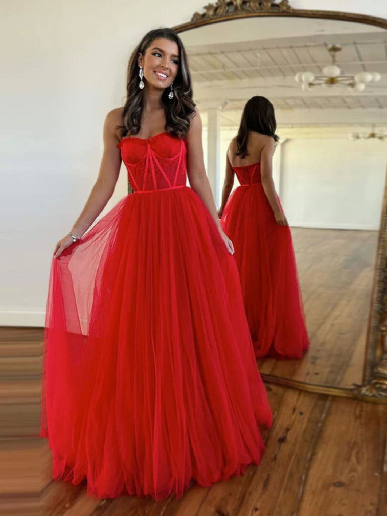 A Line Sweetheart Neck Red/Black Lace Tulle Long Prom Dress, Red/Black morievent A Line Sweetheart Neck Red/Black Lace Tulle Long Prom Dress, Red/Black morievent