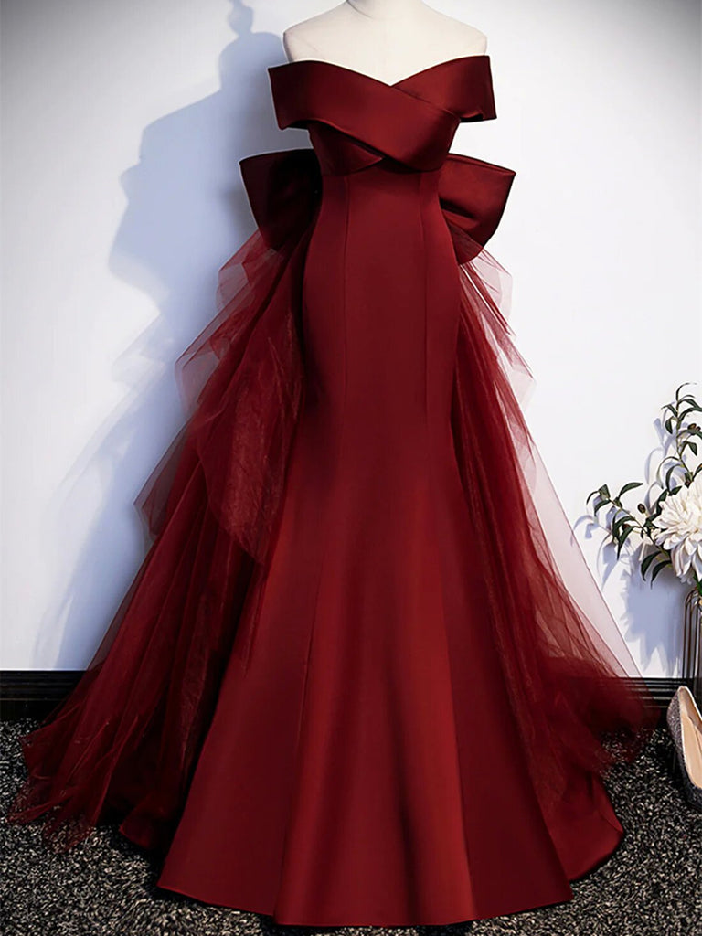 V Neck Burgundy Satin Long Prom Dresses with Bow, Off Shoulder Mermaid morievent V Neck Burgundy Satin Long Prom Dresses with Bow, Off Shoulder Mermaid morievent