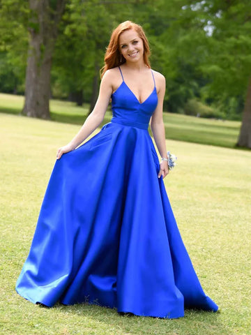 A Line V Neck Royal Blue Long Prom Dresses, Blue V Neck Formal Evening Graduation Dresses