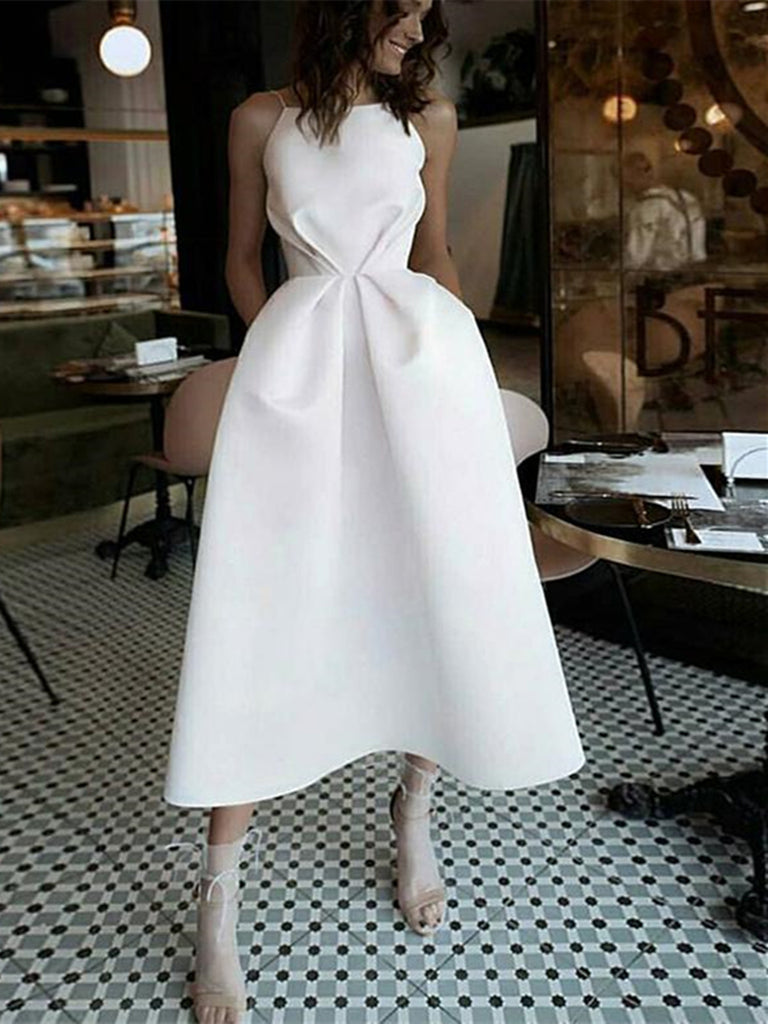 A Line White Spaghetti Straps Backless Tea-Length Prom Dress With Pock morievent A Line White Spaghetti Straps Backless Tea-Length Prom Dress With Pock morievent