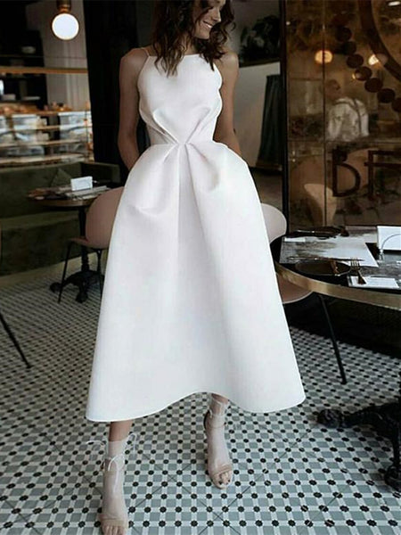 A Line  White Spaghetti Straps Backless Tea-Length Prom Dress With Pockets, White Backless Evening Dress