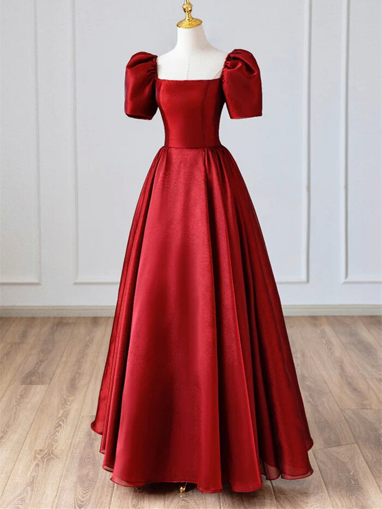A Line Burgundy Satin Long Prom Dress, Simple A Line Short Sleeve Form morievent A Line Burgundy Satin Long Prom Dress, Simple A Line Short Sleeve Form morievent