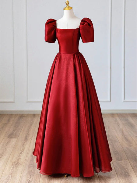 A Line Burgundy Satin Long Prom Dress, Simple A Line Short Sleeve Formal Evening Dress