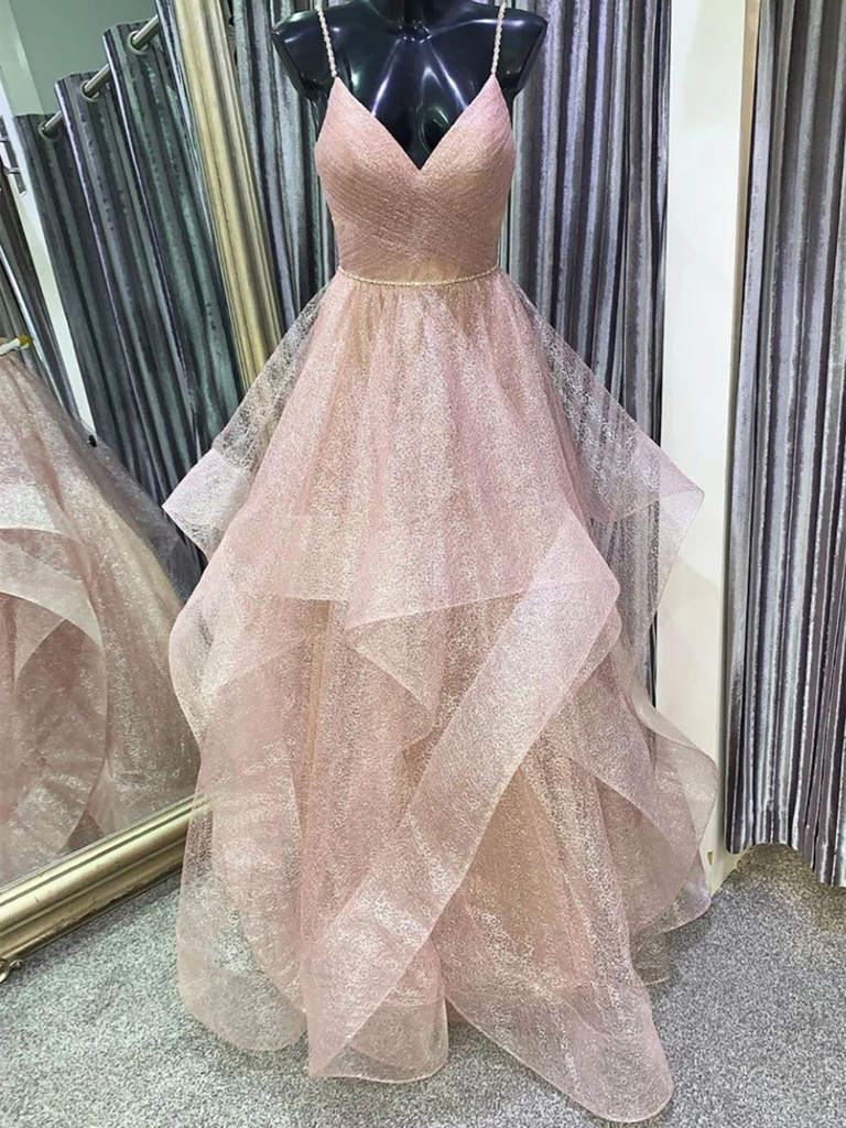 Unique V Neck Tulle Sequin Champagne Pink Long Prom Dresses, Champagne Pink Sequin Formal Graduation Evening Dresses