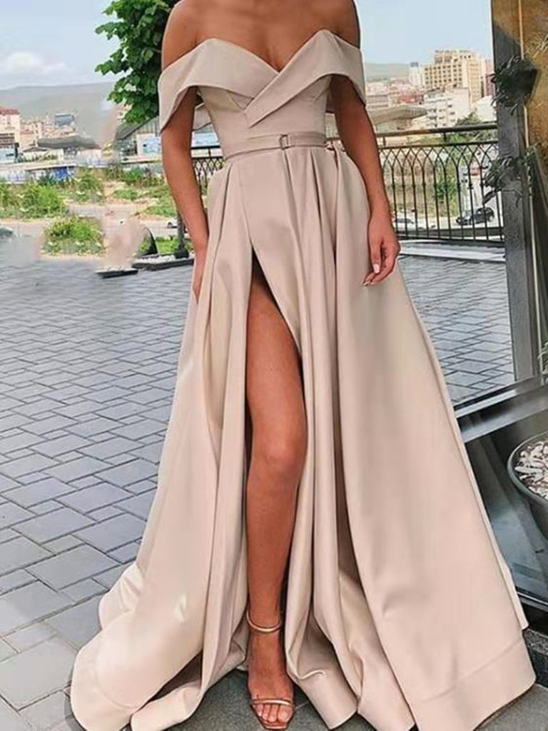 Champagne Off Shoulder Satin Long Prom Dresses With High Slit, Champag morievent Champagne Off Shoulder Satin Long Prom Dresses With High Slit, Champag morievent