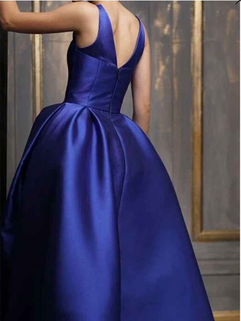 Asymmetrical Ankle Length Satin Prom Gown, V Neck Royal Blue Evening D morievent Asymmetrical Ankle Length Satin Prom Gown, V Neck Royal Blue Evening D morievent