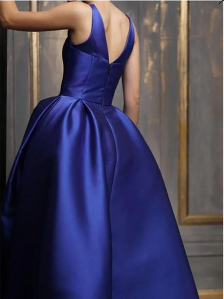 Asymmetrical Ankle Length Satin Prom Gown, V Neck Royal Blue Evening Dress, Party Dress