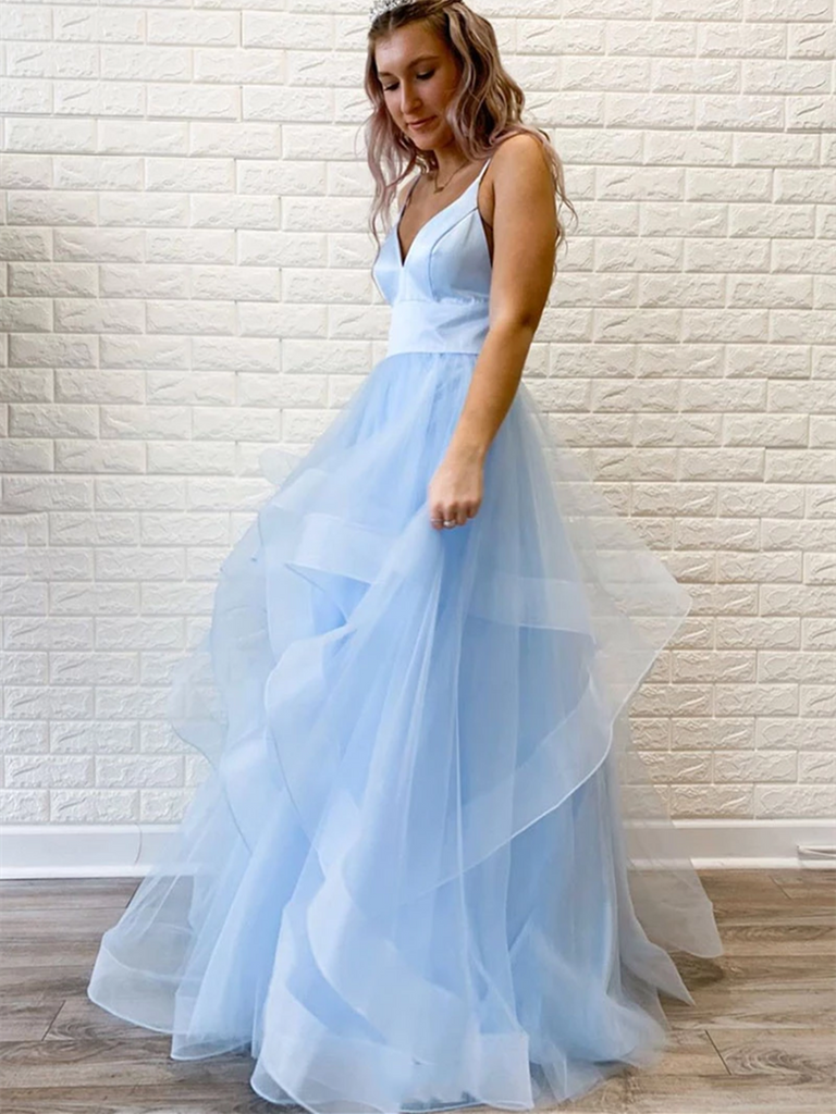 Cute V Neck Blue Pink Tulle Long Prom Dresses, V Neck Blue Pink Formal morievent Cute V Neck Blue Pink Tulle Long Prom Dresses, V Neck Blue Pink Formal morievent