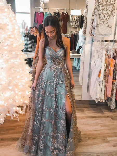 Stylish Tulle Sequins Gray Blue Long Prom Dresses, A-Line Long Formal Graduation Dresses