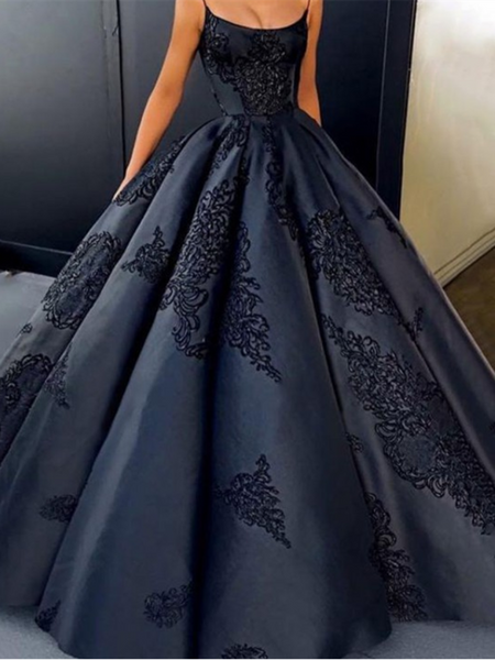 Black Ball Gowns Prom Dresses, Spaghetti Straps Lace Long Prom Dresses,Evening Dresses