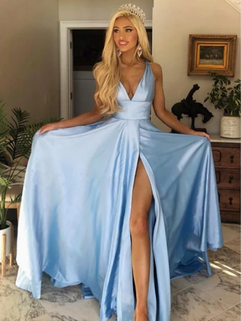 Custom Made Blue Prom Dresses, Blue Formal Dresses with Leg Slit, Blue Graduation Dresses