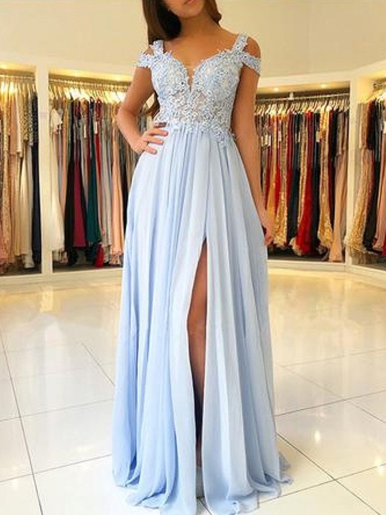 Light Blue Off Shoulder Lace Long Prom Dresses with Split, Light Blue morievent Light Blue Off Shoulder Lace Long Prom Dresses with Split, Light Blue morievent