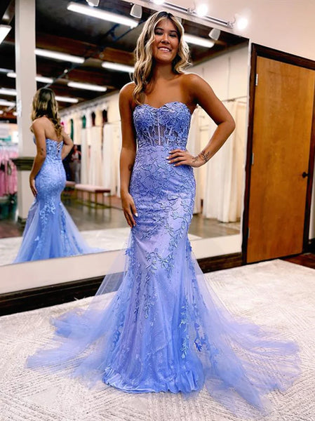 Strapless Blue Lace Mermaid Prom Dresses, Lace Mermaid Formal Evening Dresses
