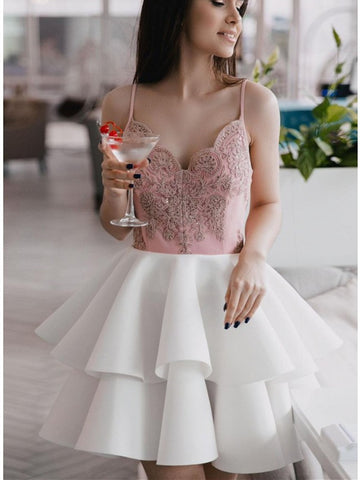 V neck white and pink short prom dresses, white and pink homecoming dresses